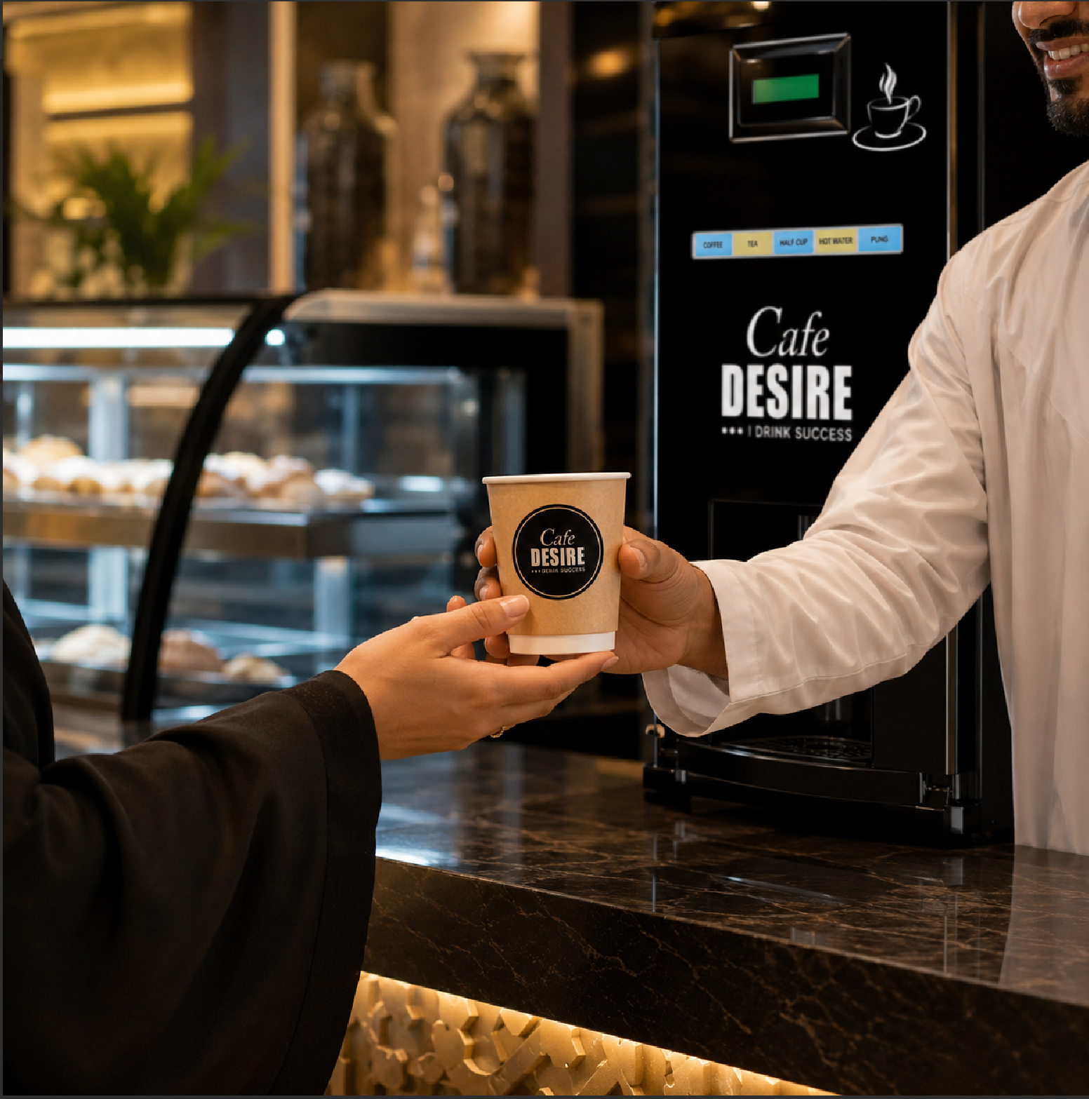 Fresh Café Desire beverage handed to a customer