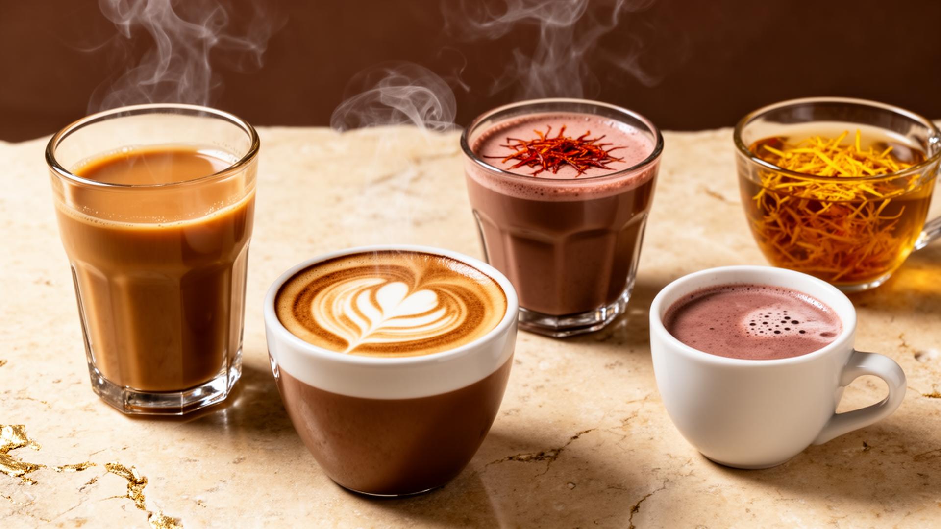 Karak Chai, cappuccino, hot chocolate and premium tea